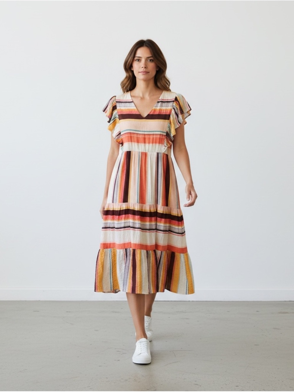THML Tiered Multi Stripped MIDI Dress Sz M